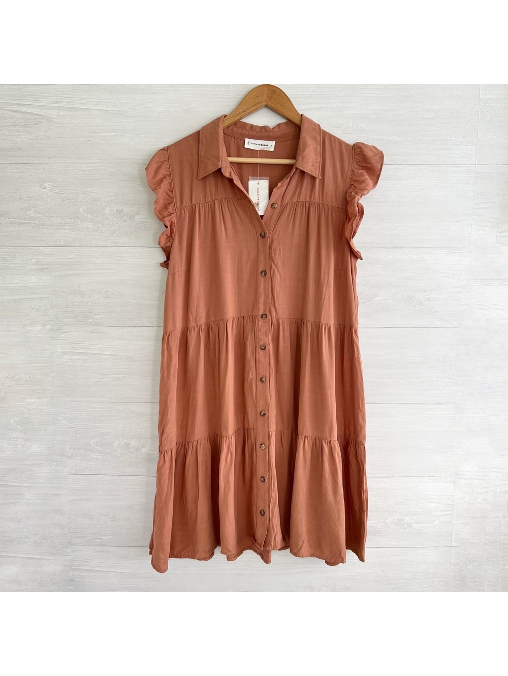 NWT Lucky Brand Mocha Mousse Tiered Ruffle Sleeve Shirt Dress XL Rayon
